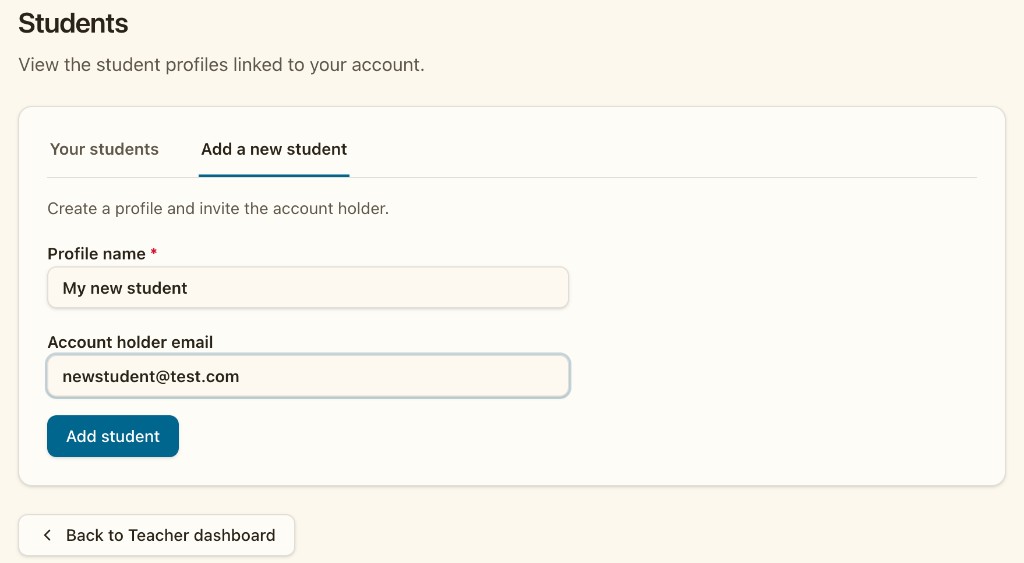 Add a new student form with profile name and account holder email fields.