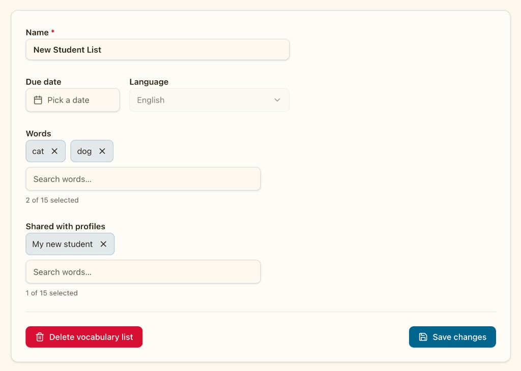 Vocabulary list editor with a student profile selected under Shared with profiles.
