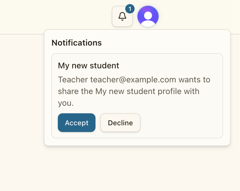 Notification menu showing a teacher profile-share invitation with Accept and Decline buttons.
