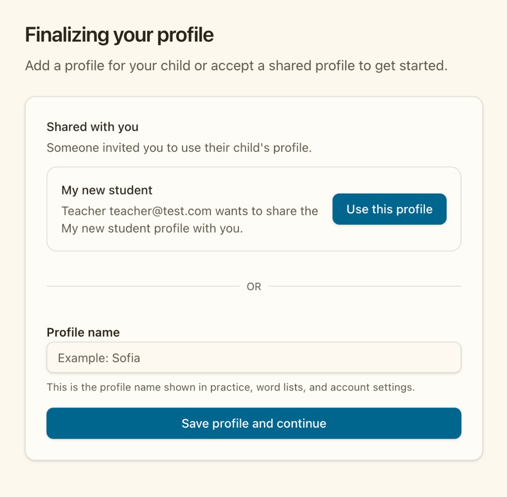 Create profile screen showing a shared student profile with a Use this profile button.
