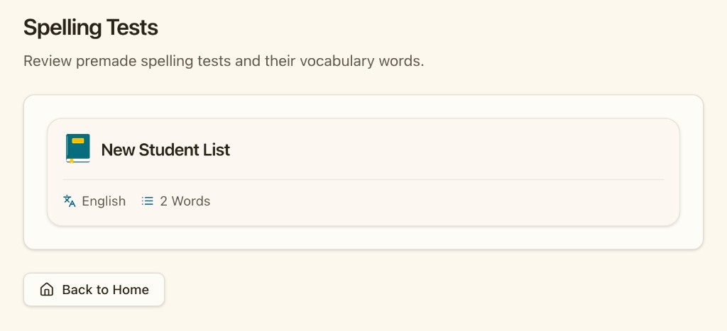 Home screen showing a shared vocabulary list.